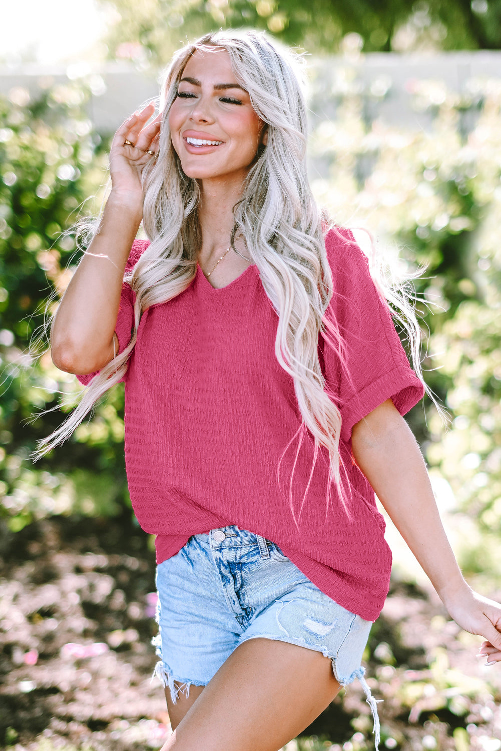 Bright Pink Textured Rolled Short Sleeve V Neck Top