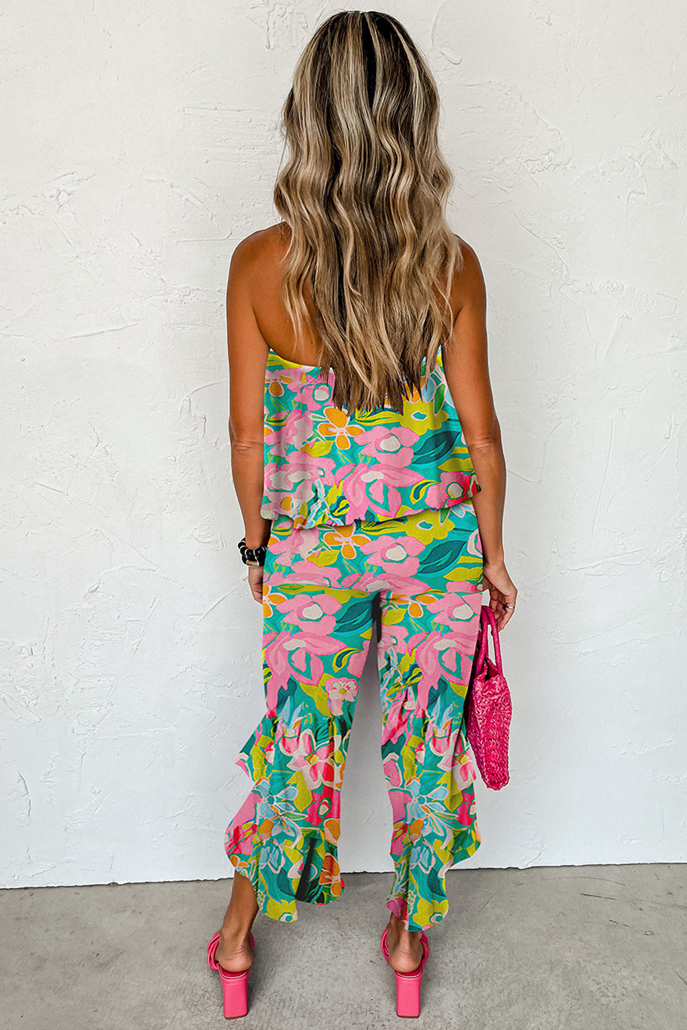 Tropical Print Strapless Ruffled Jumpsuit