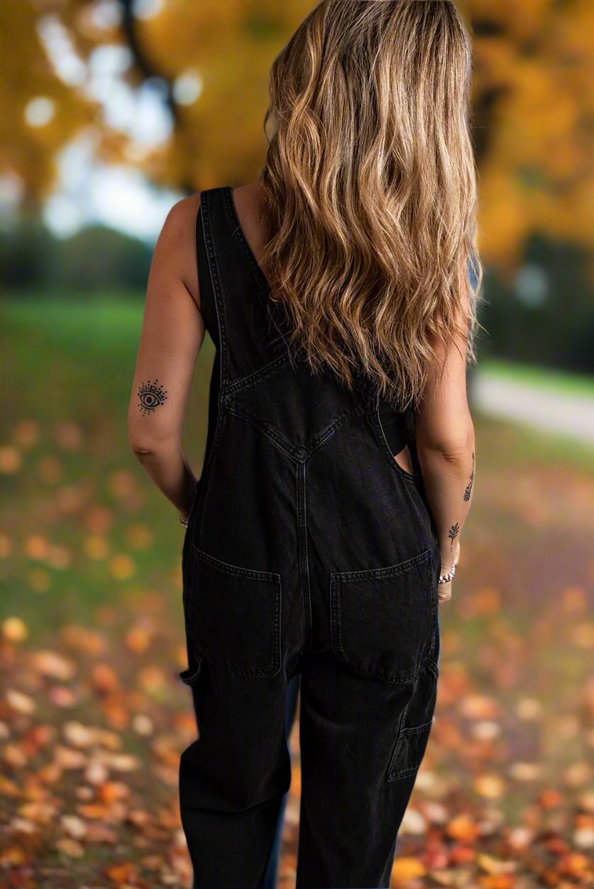 Black Adjustable Buckle Straps Denim Overalls