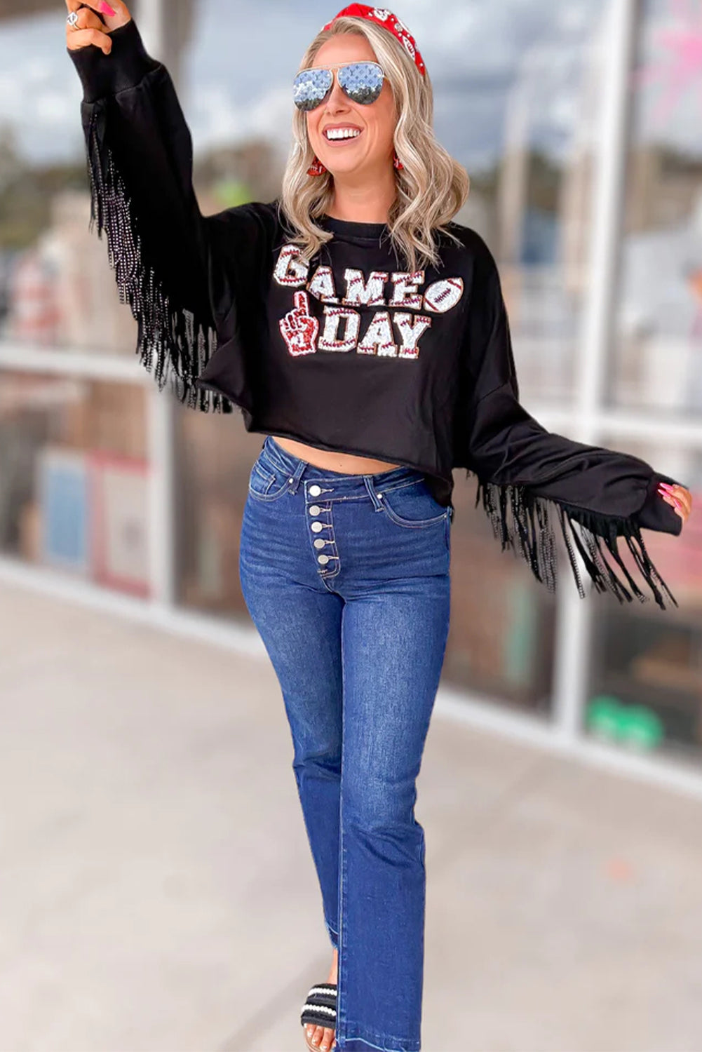 Black GAME DAY Sequined Tasseled Cropped Sweatshirt