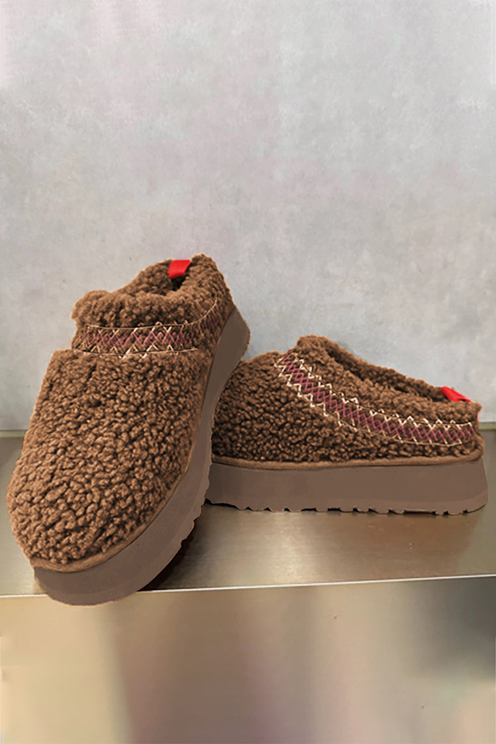 Embroidered Sherpa Plush Thick Sole Winter Slippers