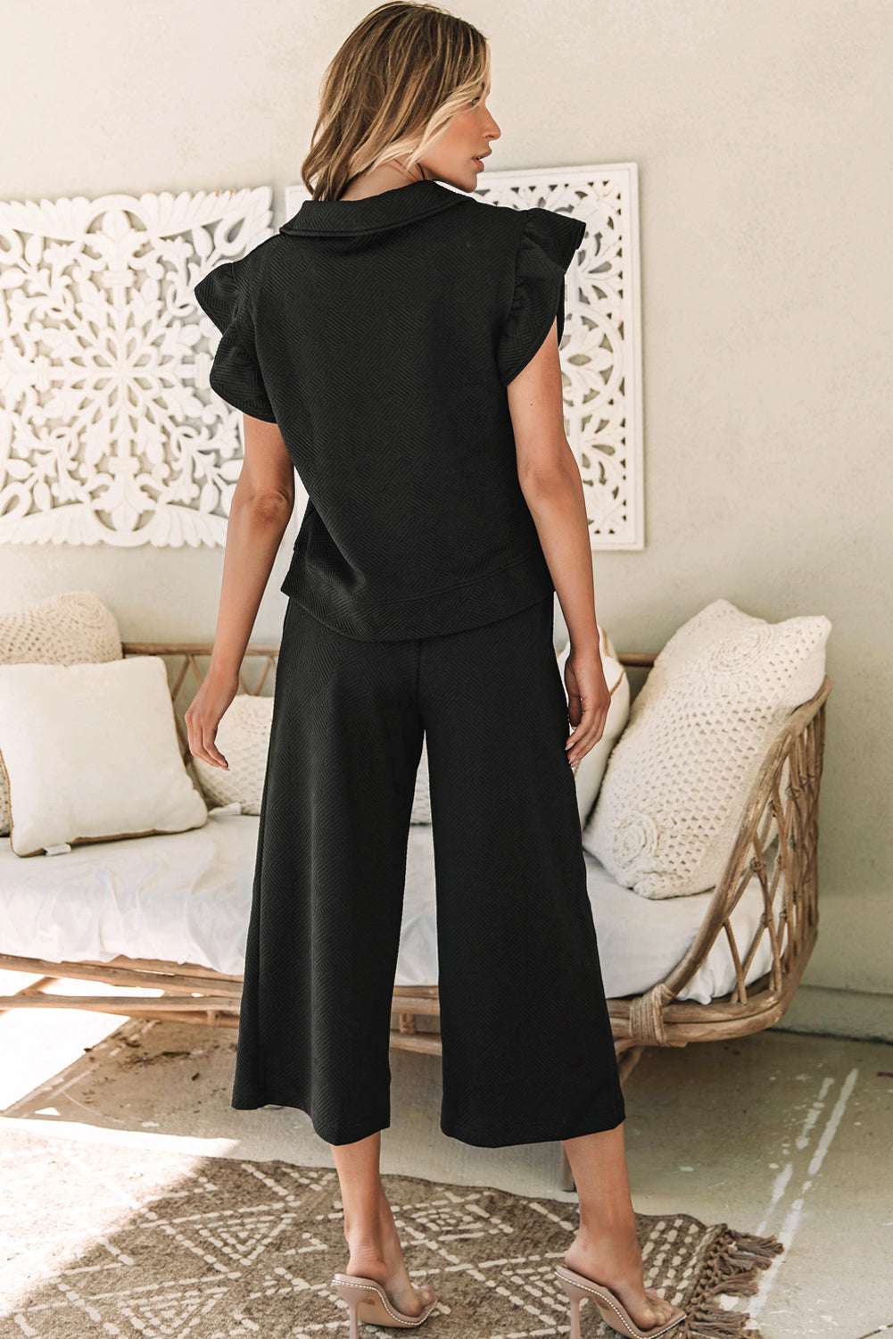 Textured Flutter Sleeve Top Wide Leg Pants Set in black