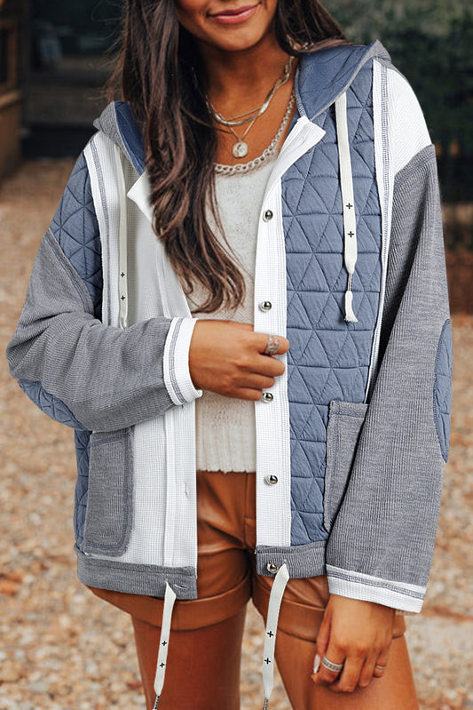 Quilted Textured Patchwork Loose Fit Hooded Jacket