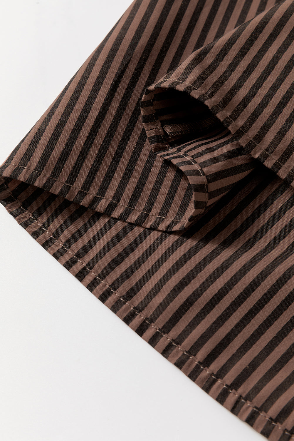 Brown Stripe V Neck Roll Up Sleeve Classic Shirt