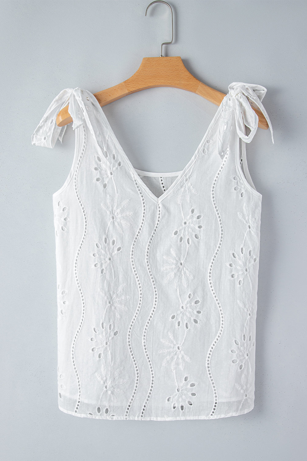 Embroidery Patterned Knotted Straps V Neck Tank Top