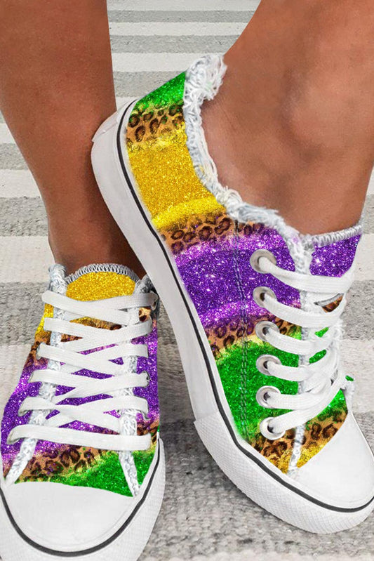 Multicolor & Leopard Color Lace-up Canvas Tennis Shoes