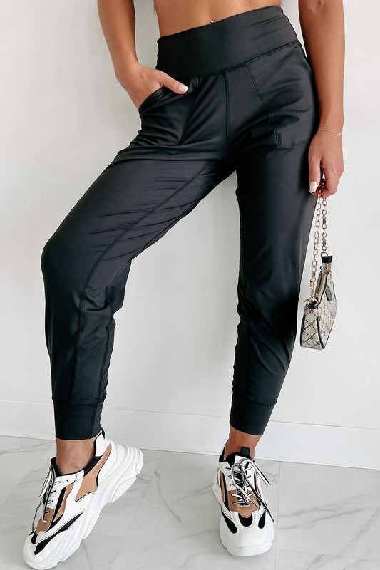 Exposed Seam High Waist Pocketed Joggers in Black