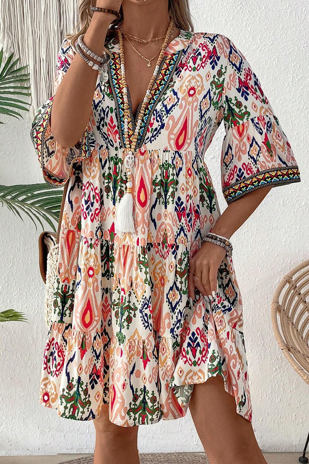 Boho Print V Neck Bracelet Sleeve Mini Dress