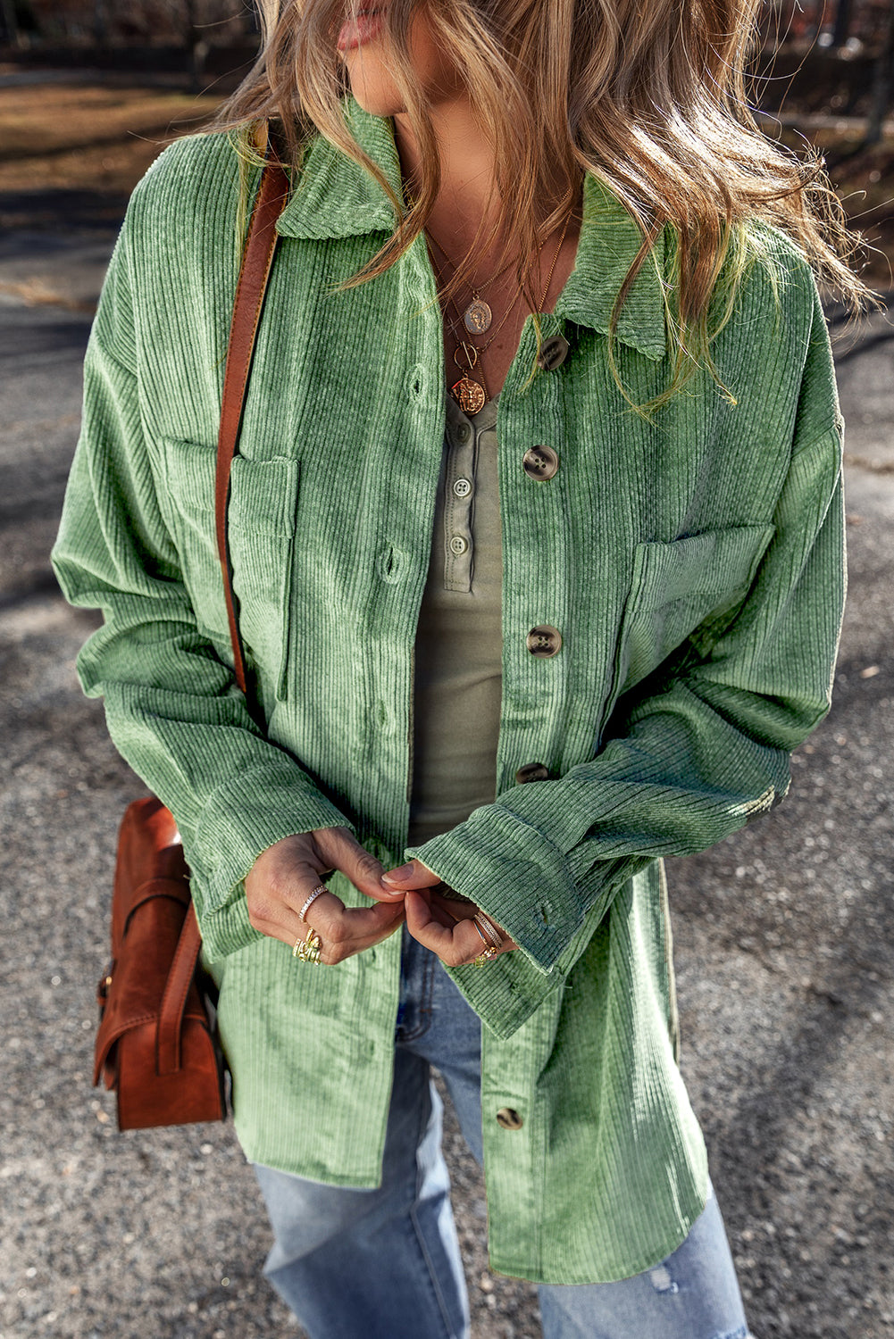 Patched Pocket Button Up Corduroy Shacket