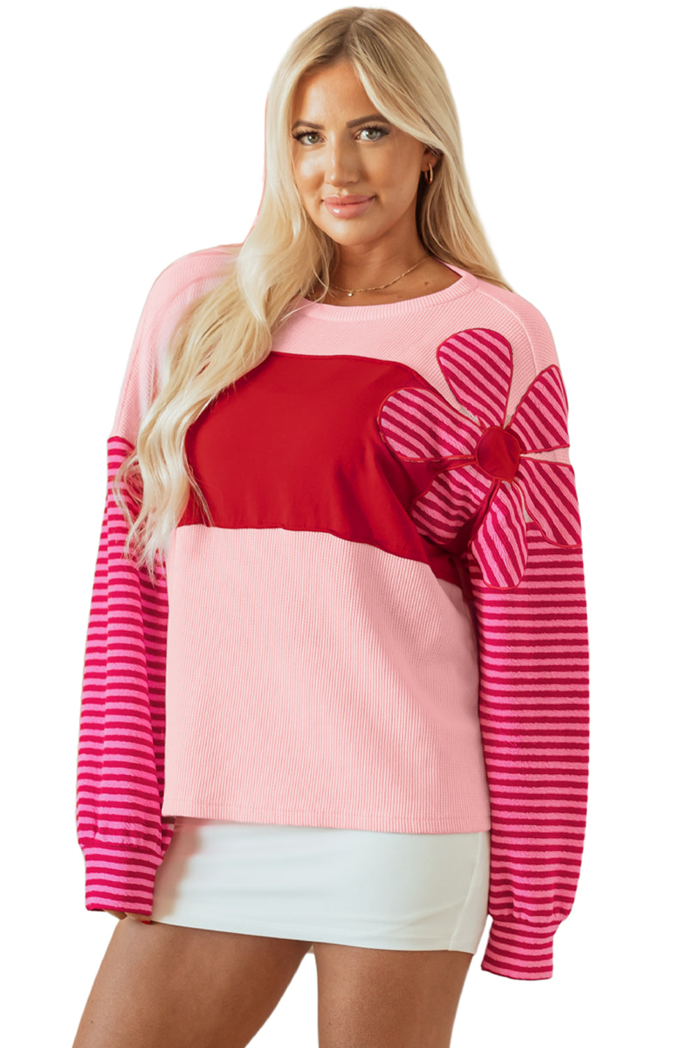 Pink Floral Patch Color Block Striped Sleeve Textured Top