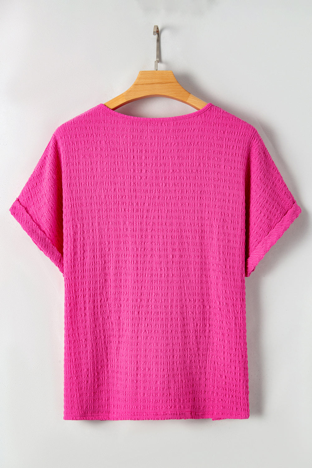 Bright Pink Textured Folded Sleeve V Neck T Shirt in CURVY SIZE ONLY