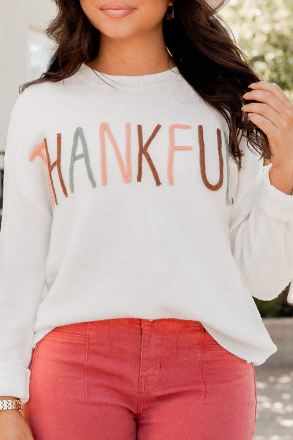 White Thankful Embroidered Sweater in CURVY SIZE ONLY