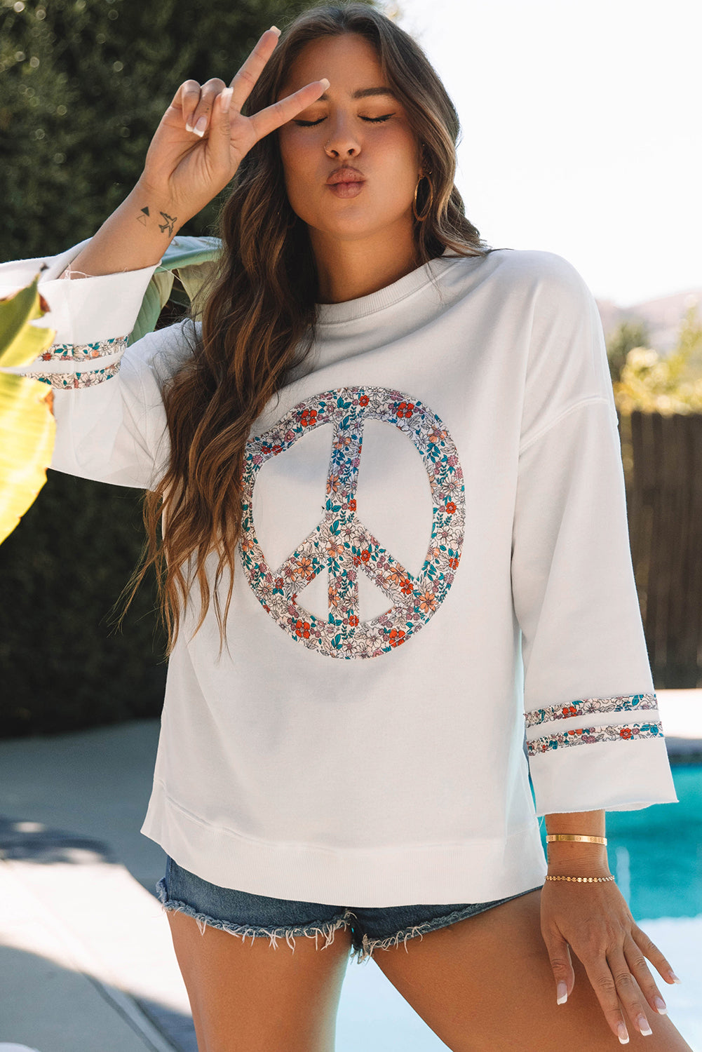 Jet Stream Floral Peace Sign Drop Shoulder Wide Sleeve Casual Top