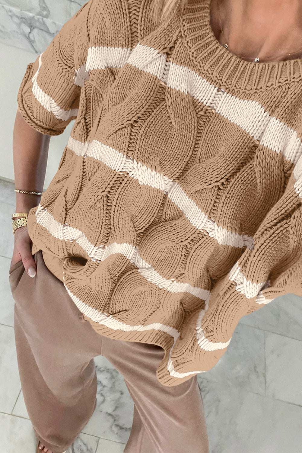 Dark Khaki Striped Cable Short Sleeve Sweater