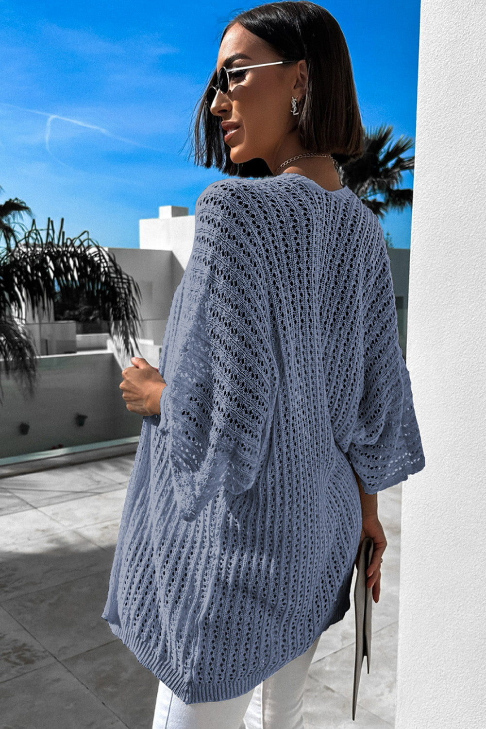 Hollow-out Knit Kimono Lightweight Cardigan in  Sky Blue