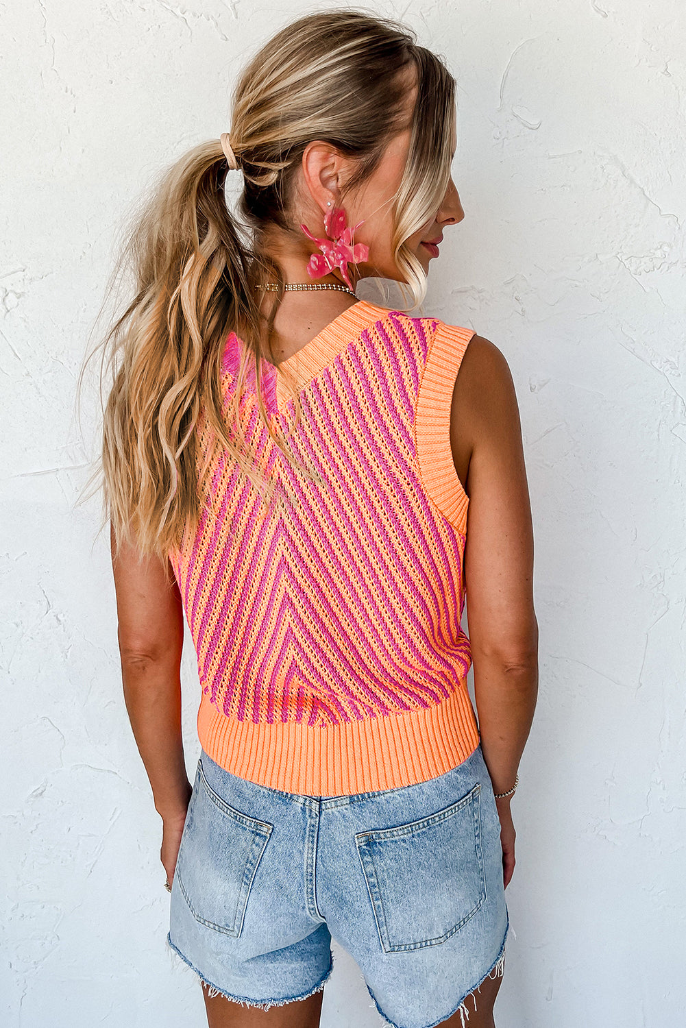 Contrast Chevron Knit V Neck Sweater Vest in Strawberry Pink