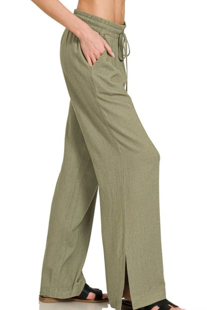 Linen Drawstring Pants in Light Olive