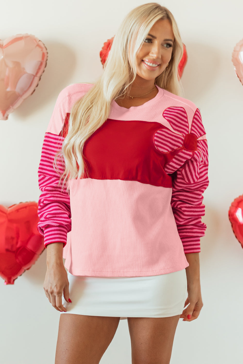 Pink Floral Patch Color Block Striped Sleeve Textured Top