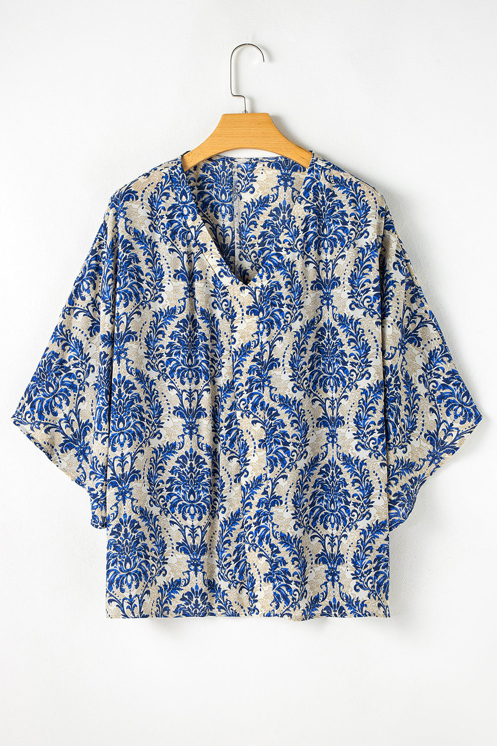 Blue Printed 3/4 Sleeve V Neck Loose Blouse in CURVY SIZE ONLY