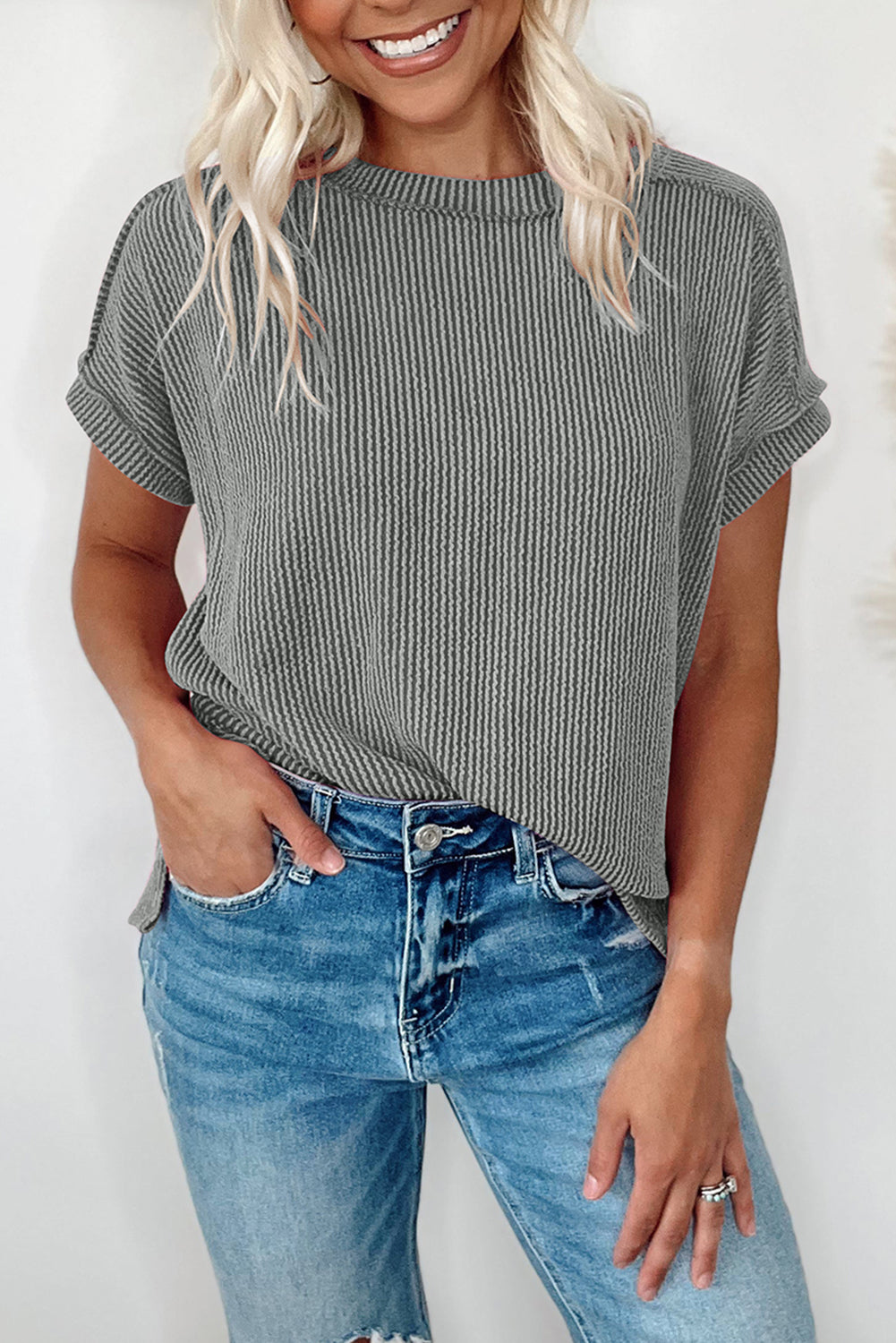 Textured Knit Exposed Stitching Shirt in medium grey