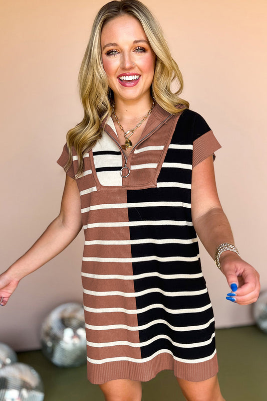 Stripe Color Block Quarter Zip Collar Short Sleeve Sweater Dress