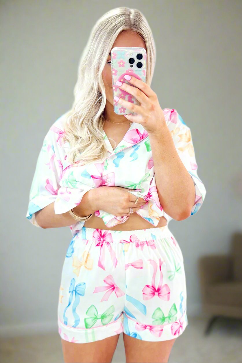 White Bowknot Print Buttoned Shirt High Waist Shorts Pajama Set