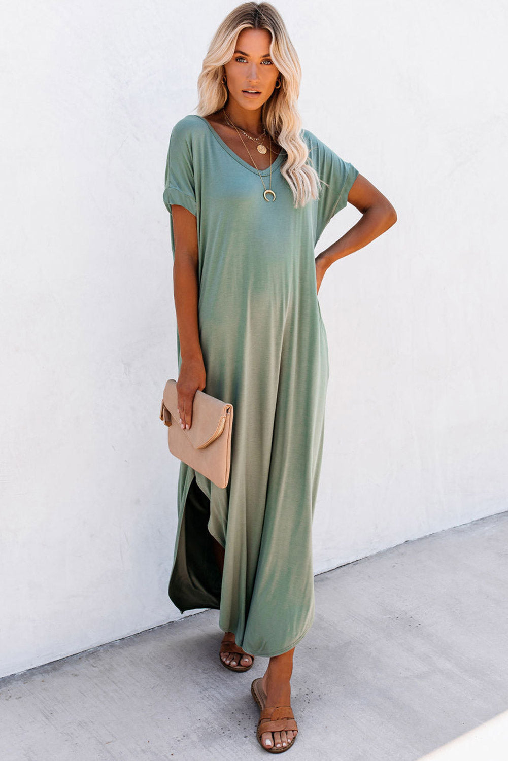 V Neck Maxi Dress with  Hidden Pockets