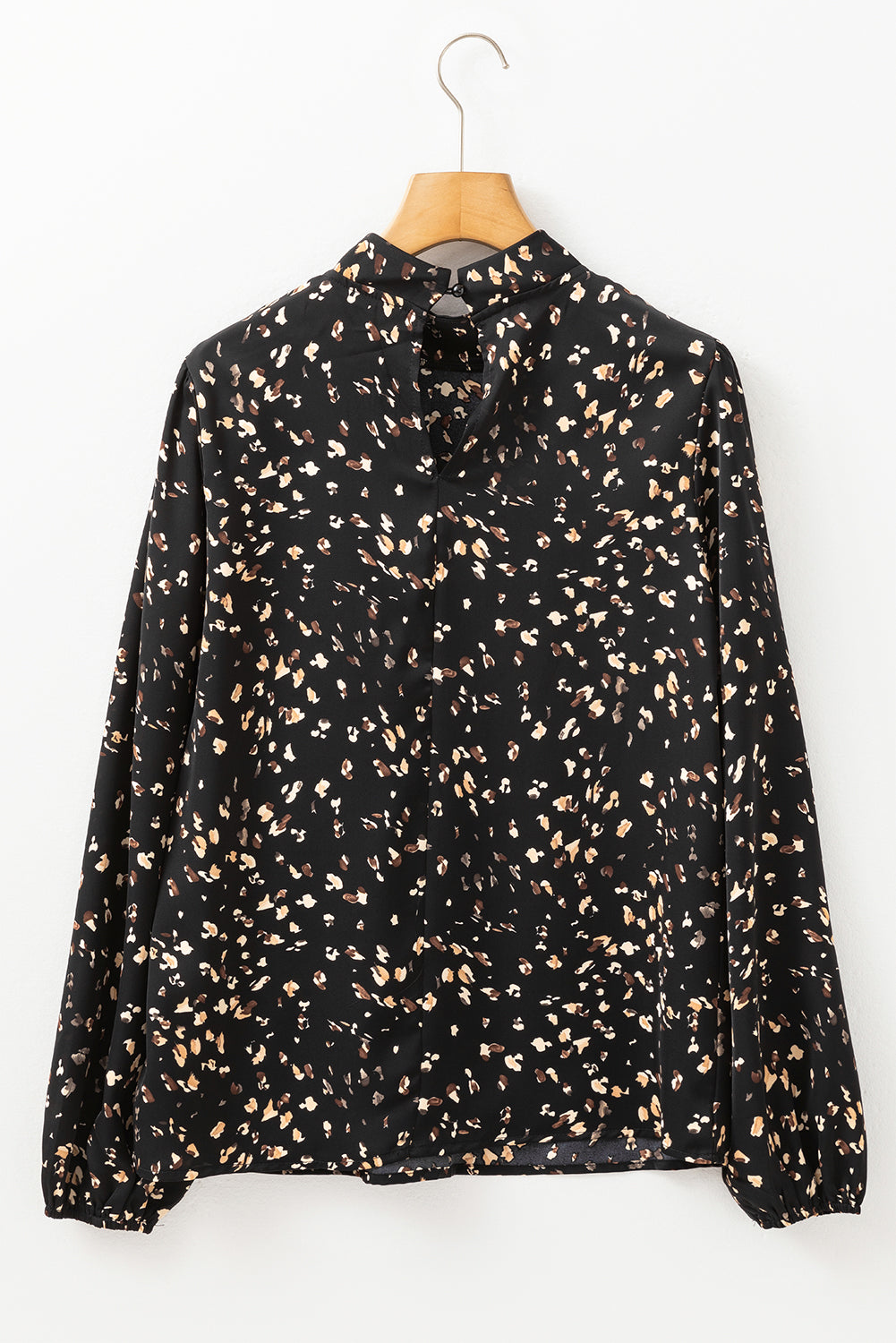 Leopard Print Lantern Sleeve Mock Neck Pleated Blouse