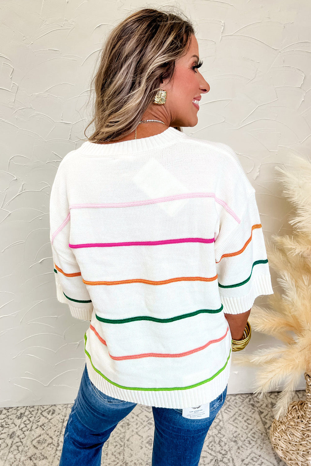 White Color Block Striped Half Sleeve Drop Shoulder Sweater