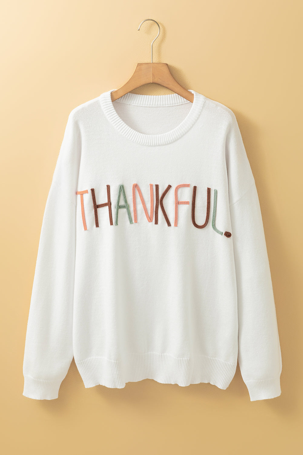 White Thankful Embroidered Sweater in CURVY SIZE ONLY