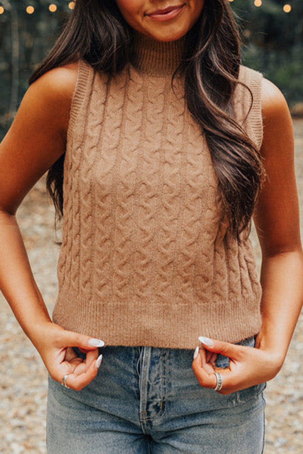 Light French Beige Cable Knit High Neck Tank Top