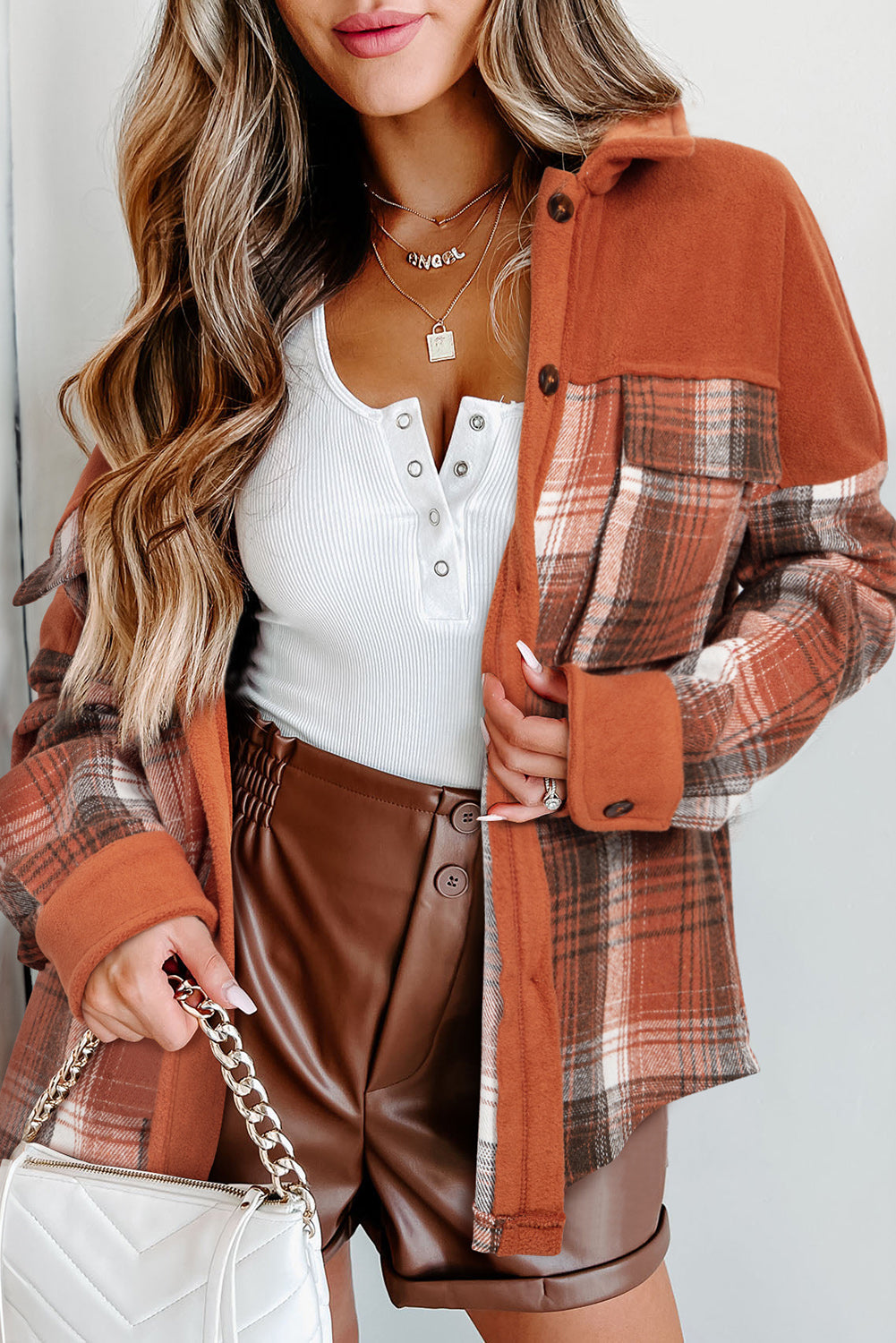 Khaki Plaid Pattern Flap Pockets Buttoned Shacket