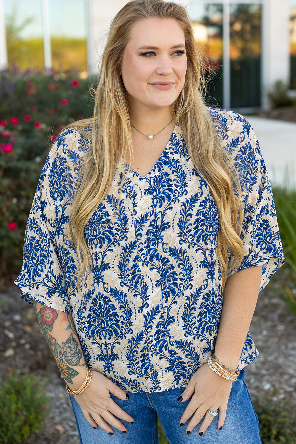 Blue Printed 3/4 Sleeve V Neck Loose Blouse in CURVY SIZE ONLY