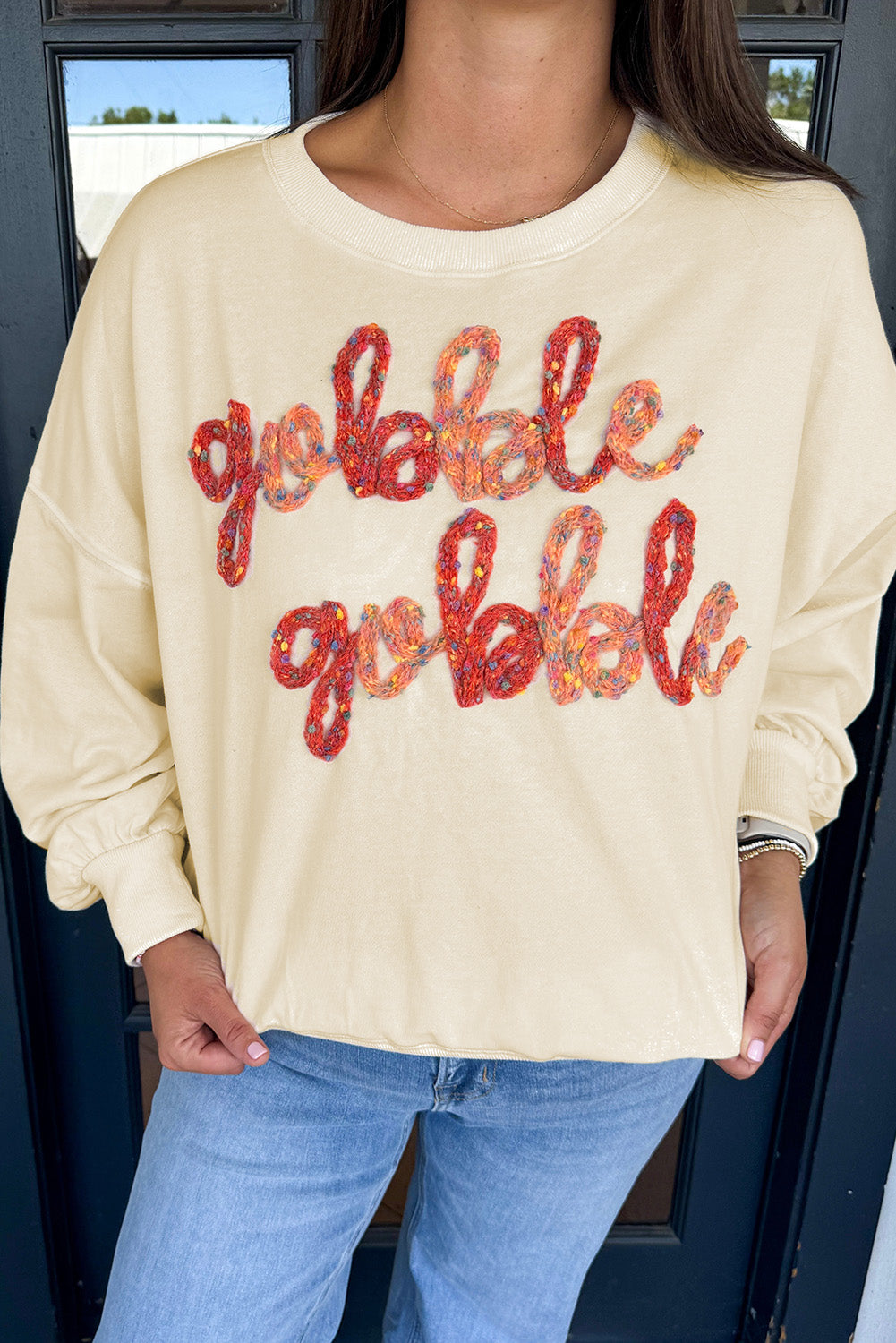 Apricot Thanksgiving Gobble Gobble Embroidered Sweatshirt