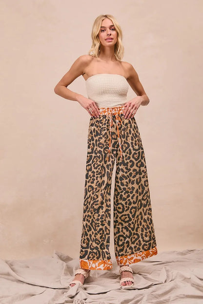 Leopard Print With Contrast Banded Wide Pants