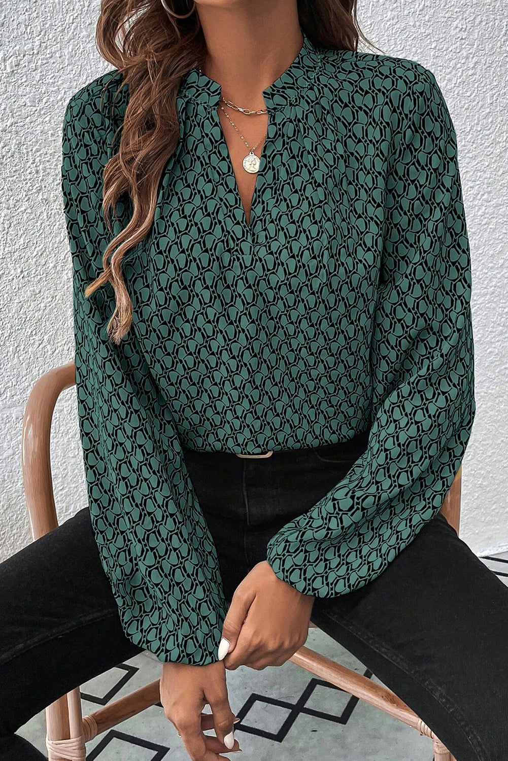 Geometric Print Notched Neck Puff Sleeve Blouse