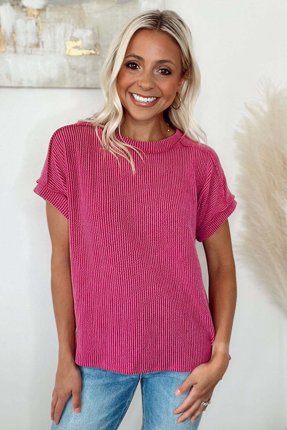 Textured Knit Exposed Stitching Shirt in rose red