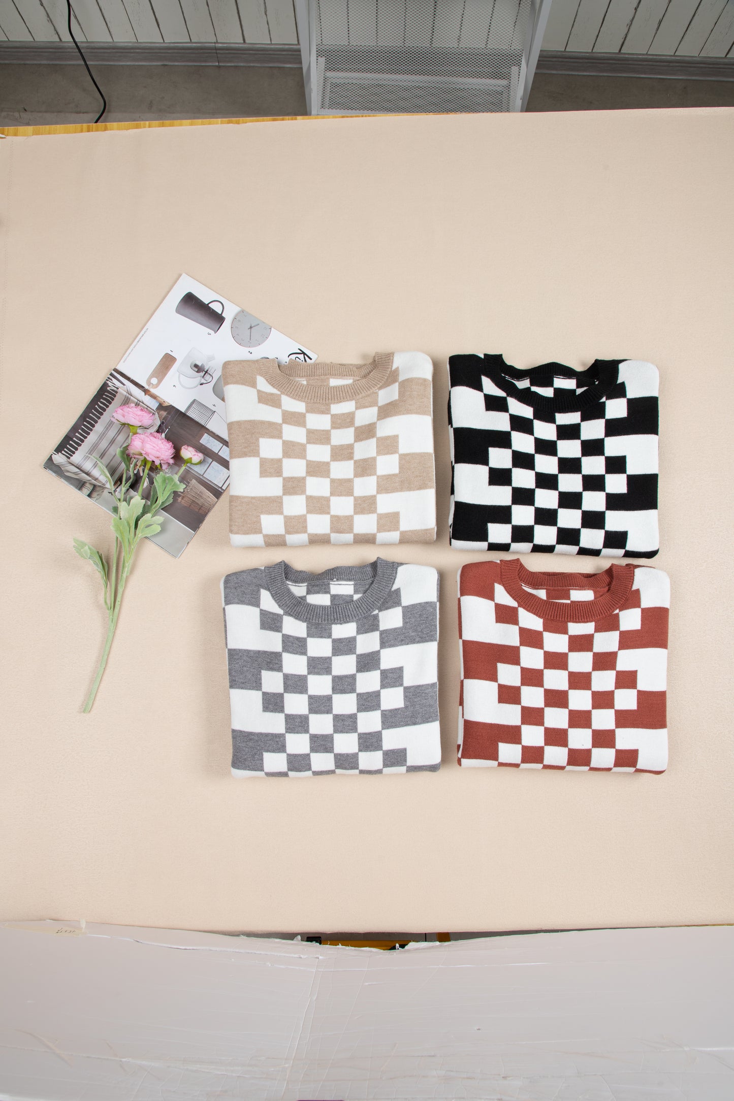 Checkered Print Drop Shoulder Round Neck Sweater