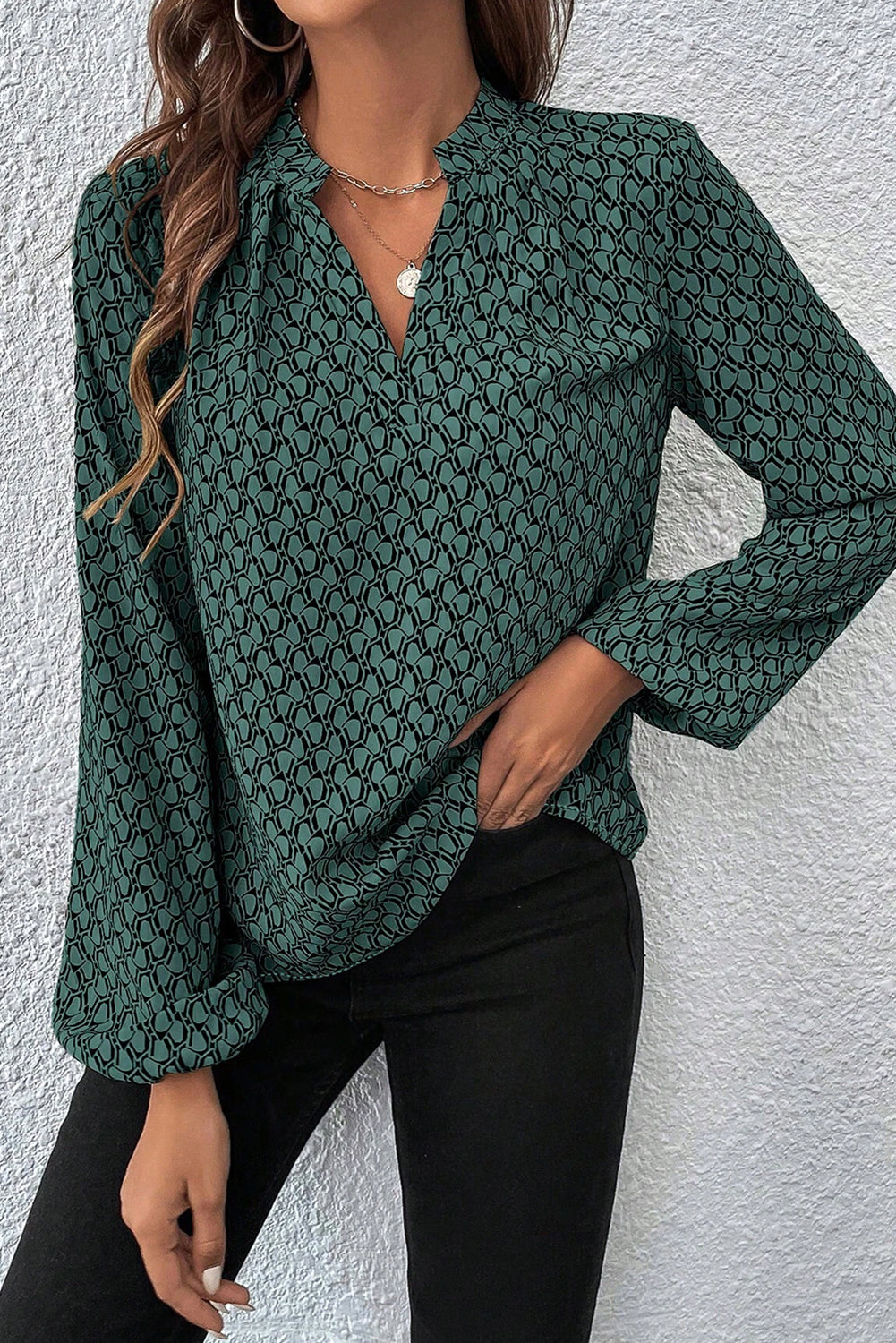 Geometric Print Notched Neck Puff Sleeve Blouse