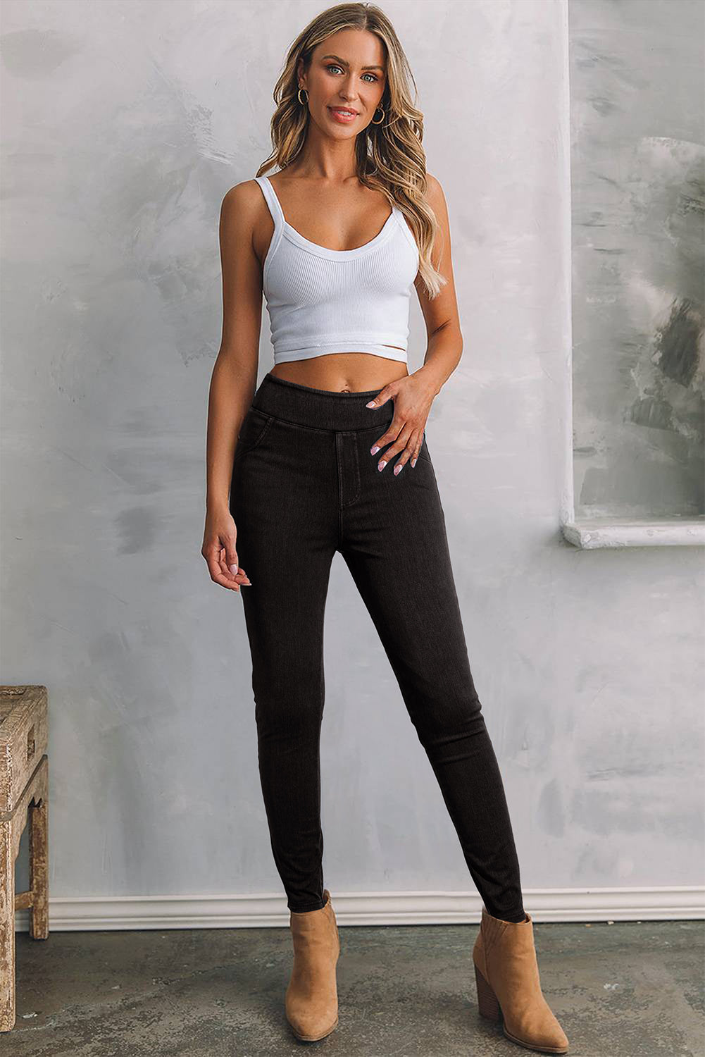 Black Stretchy Denim Casual Leggings