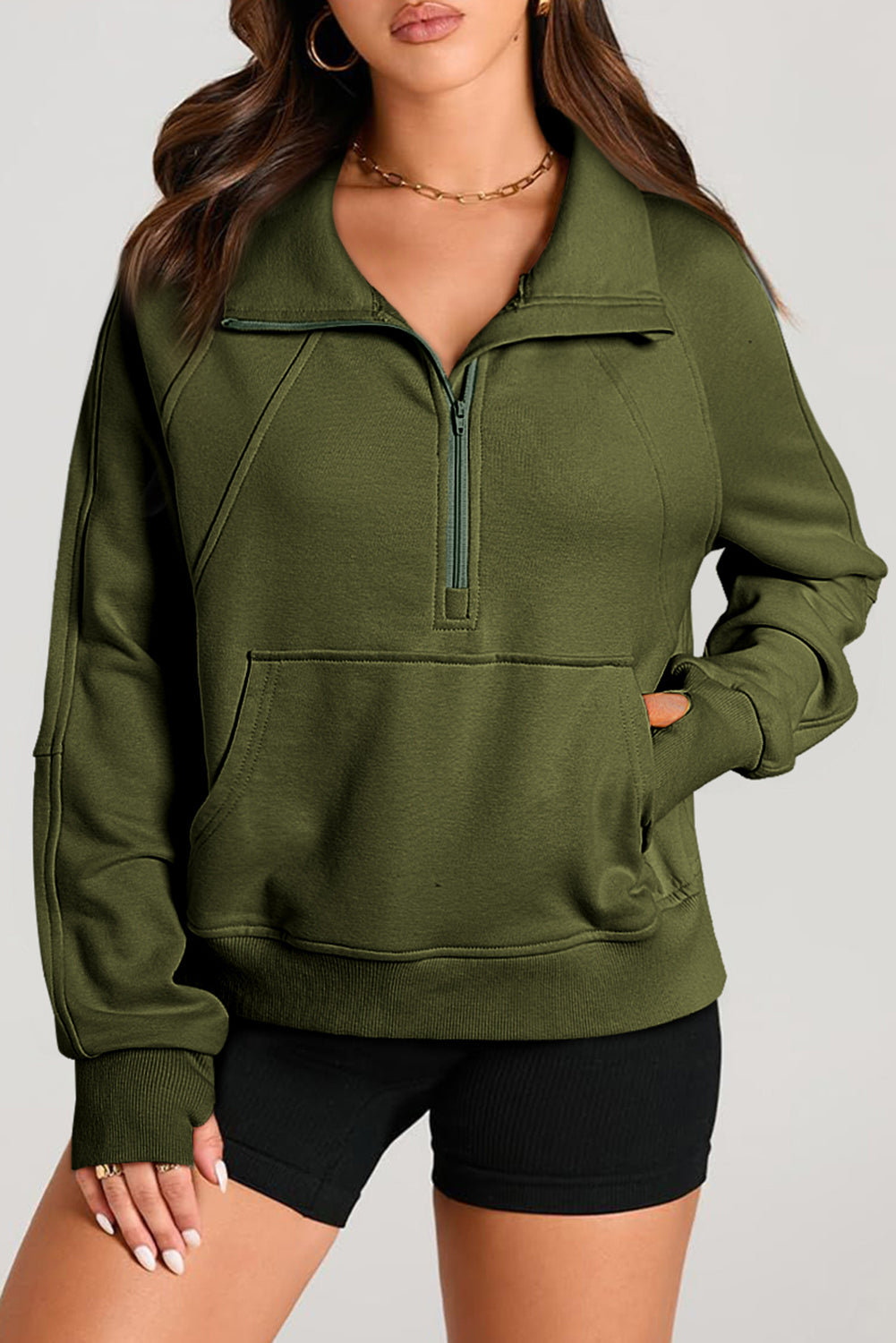 Quarter Zip Stand Neck Kangaroo Pocket Sweatshirt