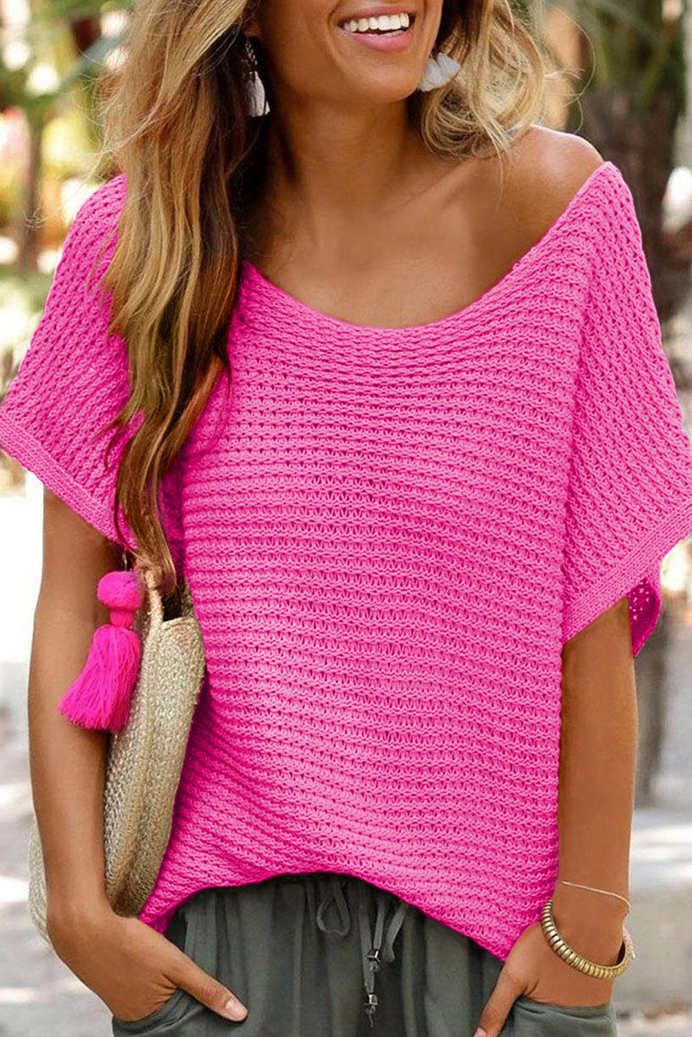 Solid Loose Knit Short Dolman Sleeve Sweater in Pink