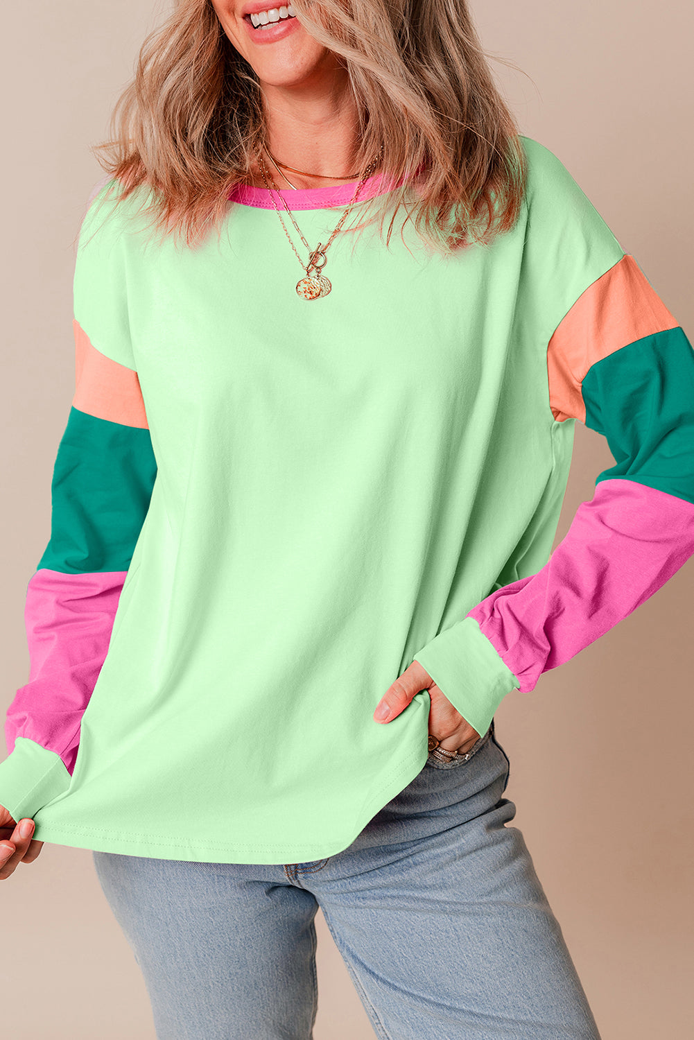 Color Block Patchwork Long Sleeve Loose Top