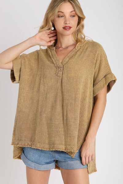 Side Slit Notched Mineral Wash Gauze Fabric Top