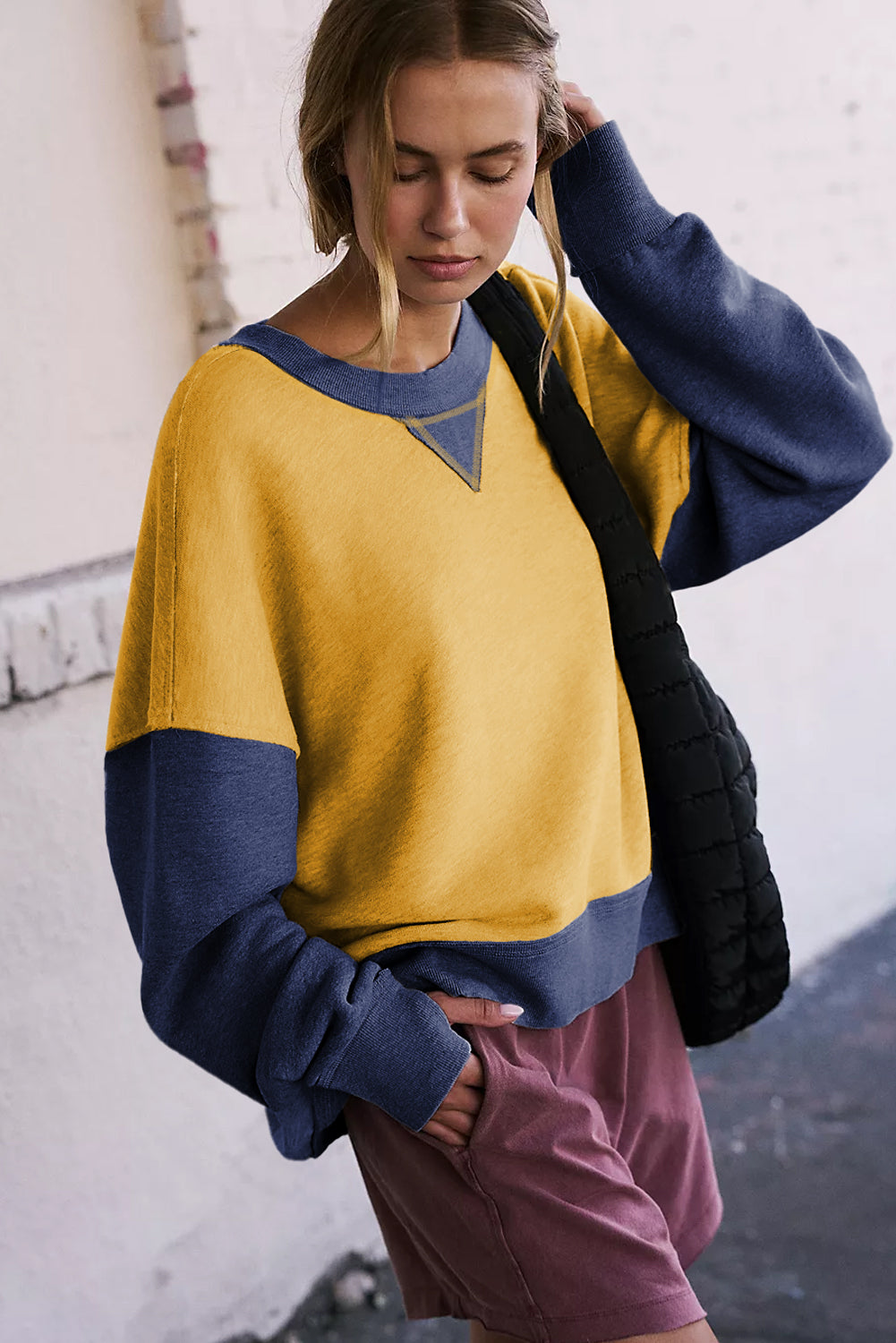 Parchment Color Block Thumbhole Sleeve Drop Shoulder Sweatshirt