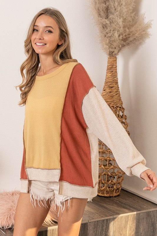 Waffle-Knit Exposed Seam Color Block Uneven Hem Top