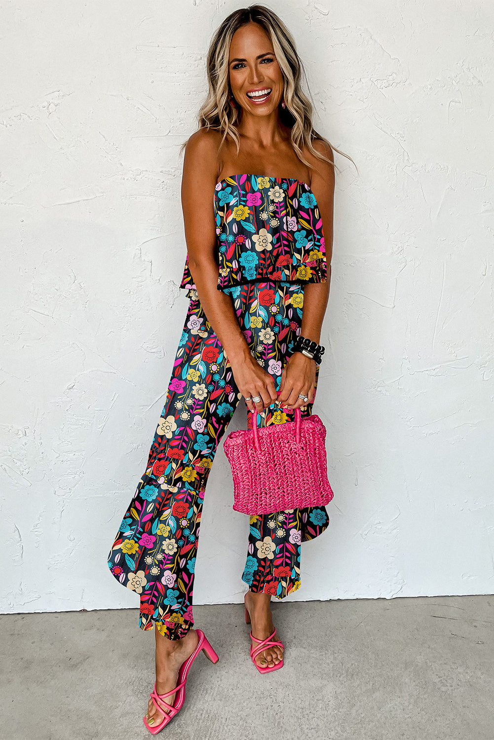 Tropical Print Strapless Ruffled Jumpsuit