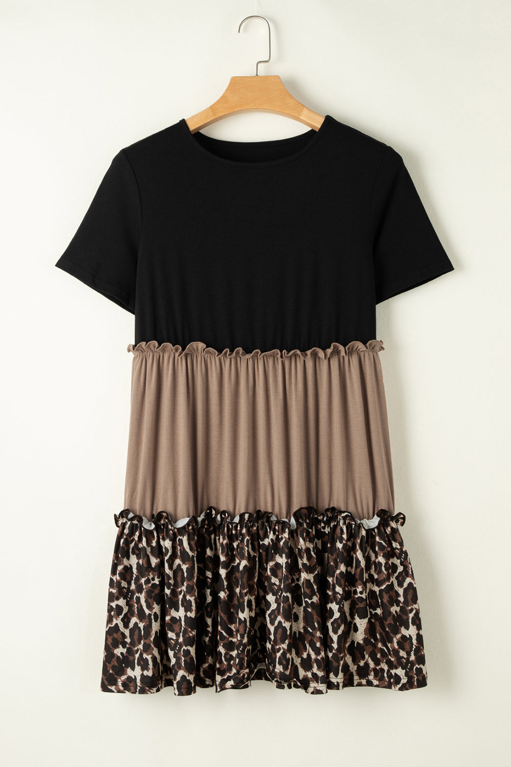 Leopard Print Colorblock Frill Trim T-shirt Dress