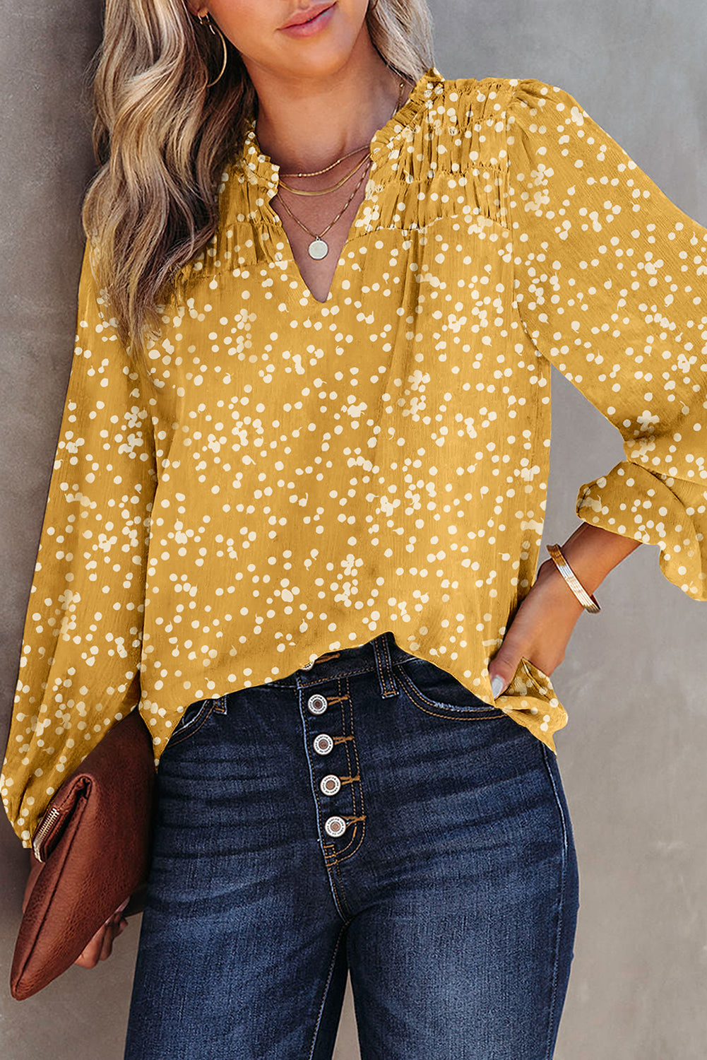 V-Neck Printed Crinkled Long Sleeve Blouse