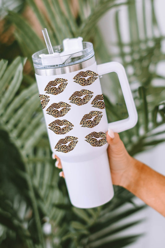 Leopard Lips in White Thermos Cup and Straw 40oz